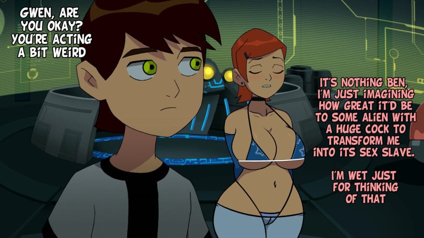 1boy 1girls alternate_breast_size ben_10 ben_tennyson big_breasts brown_hair cartoon_network closed_eyes english_text female green_eyes gwen_tennyson hair_clip hourglass_figure huge_breasts male official_artwork_edit orange_hair screencap screenshot screenshot_edit short_brown_hair short_hair short_orange_hair steca text thelazyart