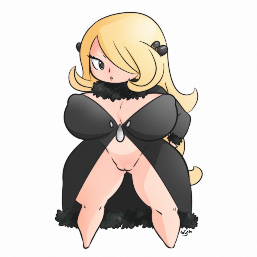 blonde_hair chibi cleavage cynthia_(pokemon) eyelashes hair_over_one_eye huge_breasts no_panties pokemon pokemon_dppt shortstack thick_thighs wythdraws