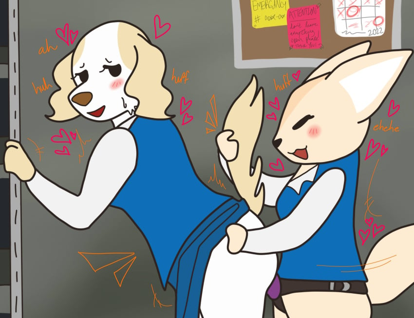 aggressive_retsuko anthro blush canid canine canis clothed clothing digital_media_(artwork) dildo domestic_dog duo female female/female fennec fenneko fox fur hi_res incognitocat inui_(aggressive_retsuko) mammal office office_clothing office_lady office_sex open_mouth penetration sanrio sex sex_toy simple_background smile smooth_fur strapon tan_body tan_fur white_body white_fur