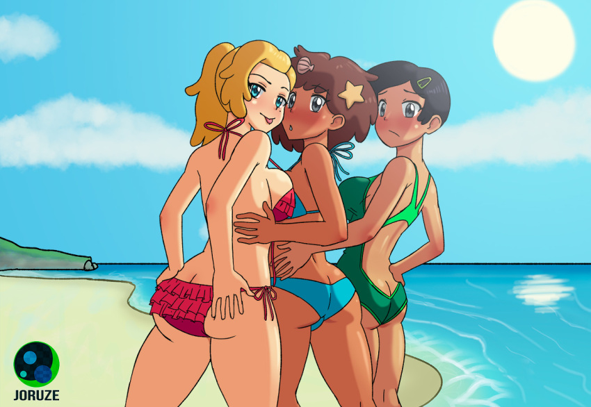 3girls amphibia anne_boonchuy artist_logo artist_name ass ass_cleavage ass_focus beach bikini blush butt_crack clothing disney disney_channel female female_focus female_only friends group hair_ornament hand_on_ass joruze looking_back marcy_wu multiple_females multiple_girls ocean one-piece_swimsuit outdoors sasha_waybright seashell shore skimpy skimpy_clothes smooth_skin sun swimsuit teasing teasing_viewer teenage_girl teenager trio young