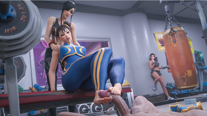 1boy 3d 3girls athletic athletic_female background_character balls barefoot big_penis blender brown_hair buns capcom chun-li chun-li_(fortnite) clothed clothing crossover curvy curvy_body curvy_female curvy_figure epic_games erect_penis erection face faceless_character faceless_male foot_fetish footjob fortnite fortnite:_battle_royale gym gym_shorts highres hispanic_male laying_down laying_on_back light-skinned_female light-skinned_male light_skin long_hair looking_at_partner looking_down male male/female on_back penis ruby_(fortnite) shorts sierra_(fortnite) sitting standing street_fighter stroking stroking_penis tank_top tattoo the_qbd thick_thighs unseen_male