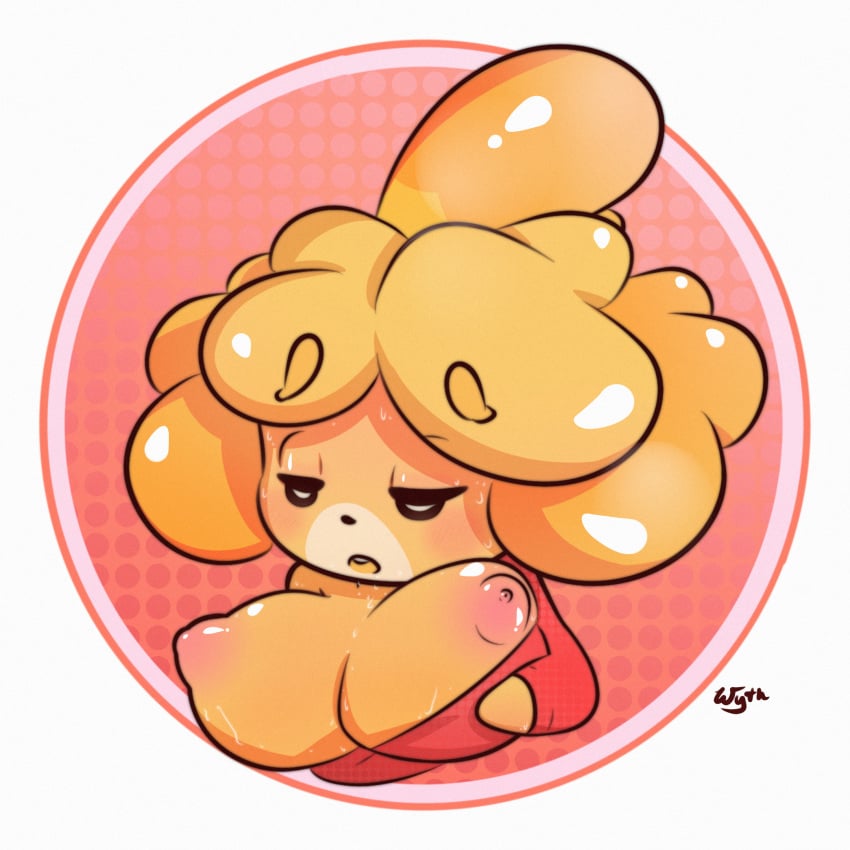 animal_crossing anthro blush canine female furry huge_breasts isabelle_(animal_crossing) nintendo open_mouth solo sweat wythdraws