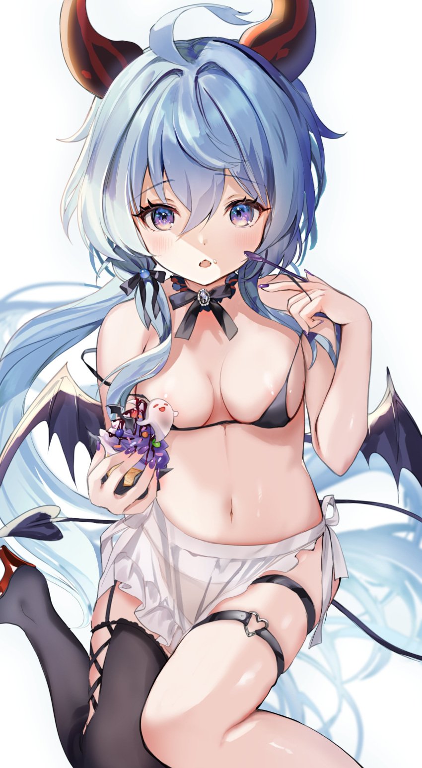 :o absurdres ahoge alternate_costume bikini black_bikini black_tail black_thighhighs blue_hair boo_tao_(genshin_impact) breasts commentary_request cross-laced_clothes demon demon_girl demon_horns demon_tail demon_wings female food food_on_face foot_out_of_frame frilled_skirt frills ganyu_(genshin_impact) genshin_impact ghost goat_horns hair_between_eyes halloween_costume heart high_heels highres holding holding_food holding_spoon horns long_hair looking_at_viewer medium_breasts navel parted_lips ponytail purple_eyes see-through simple_background single_thighhigh skirt solo spoon stomach strap_slip string_bikini swimsuit tail thigh_strap thighhighs thighs ume_(plumblossom) very_long_hair white_background white_skirt wings