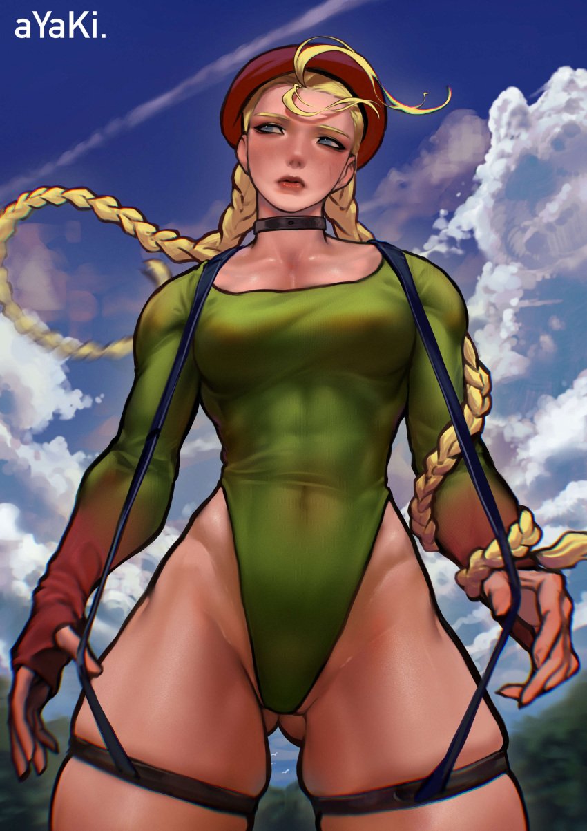 1girls ayaki777 beret blonde_hair breasts cammy_white clothed female female_only fully_clothed leotard outdoors skindentation solo standing street_fighter