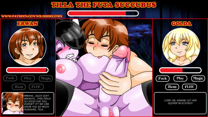 1boy 1futa areolae big_breasts big_penis black_hair breast_sucking breasts brown_hair duo english_text erection futa_sans_balls futanari futasub gameplay_mechanics handjob humanoid humanoid_penis intersex light-skinned_male light_skin male male_on_futa monster_girl monster_love_hotel_2 nipples nude penis purple_skin succubus sucking_nipples vanja