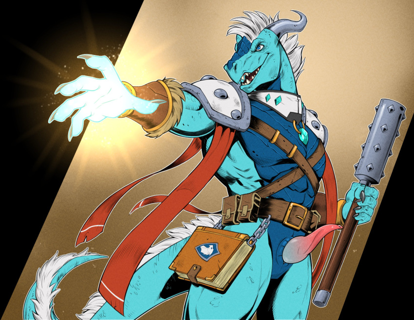 5_fingers abs animal_genitalia animal_penis anthro arm_warmers armwear badcoyote belt belt_buckle belt_pouch black_background blue_body blue_eyes blue_scales blue_tail book brown_background casual chains claws cleric clothing club_(weapon) collar countershading diamond_(gem) dragon dungeons_and_dragons erection finger_claws fingers fur furred_dragon gem genital_slit genitals grin hair hasbro hi_res holding_object holding_weapon horn jewelry leather_straps light magic magic_user male melee_weapon mohawk morning_star_(weapon) mostly_nude multicolored_body multicolored_scales muscular muscular_anthro muscular_male nude open_mouth open_smile pecs pendant penis pink_penis portrait reverse_countershading scales scalie shoulder_pads simple_background slit smile solo tapering_penis teeth three-quarter_portrait tongue weapon western_dragon white_body white_fur white_hair whitingen wizards_of_the_coast