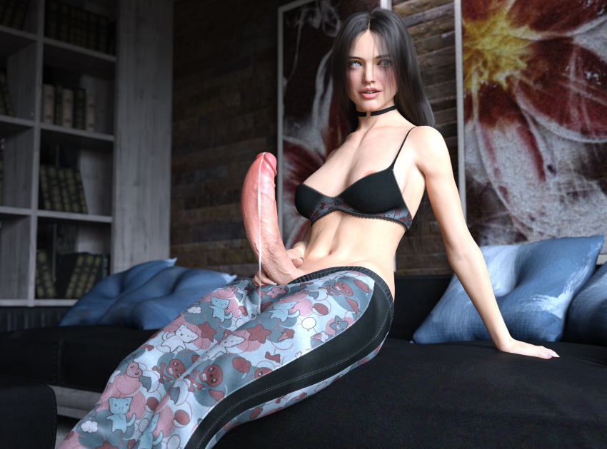 1futa 3d big_penis black_hair clothed clothing dickgirl erection french_nails futa_only futanari huge_cock human intersex kelly_(rexart) light-skinned_futanari light_skin long_hair mostly_clothed penis penis_out precum precum_drip rexart sitting solo source_request tagme