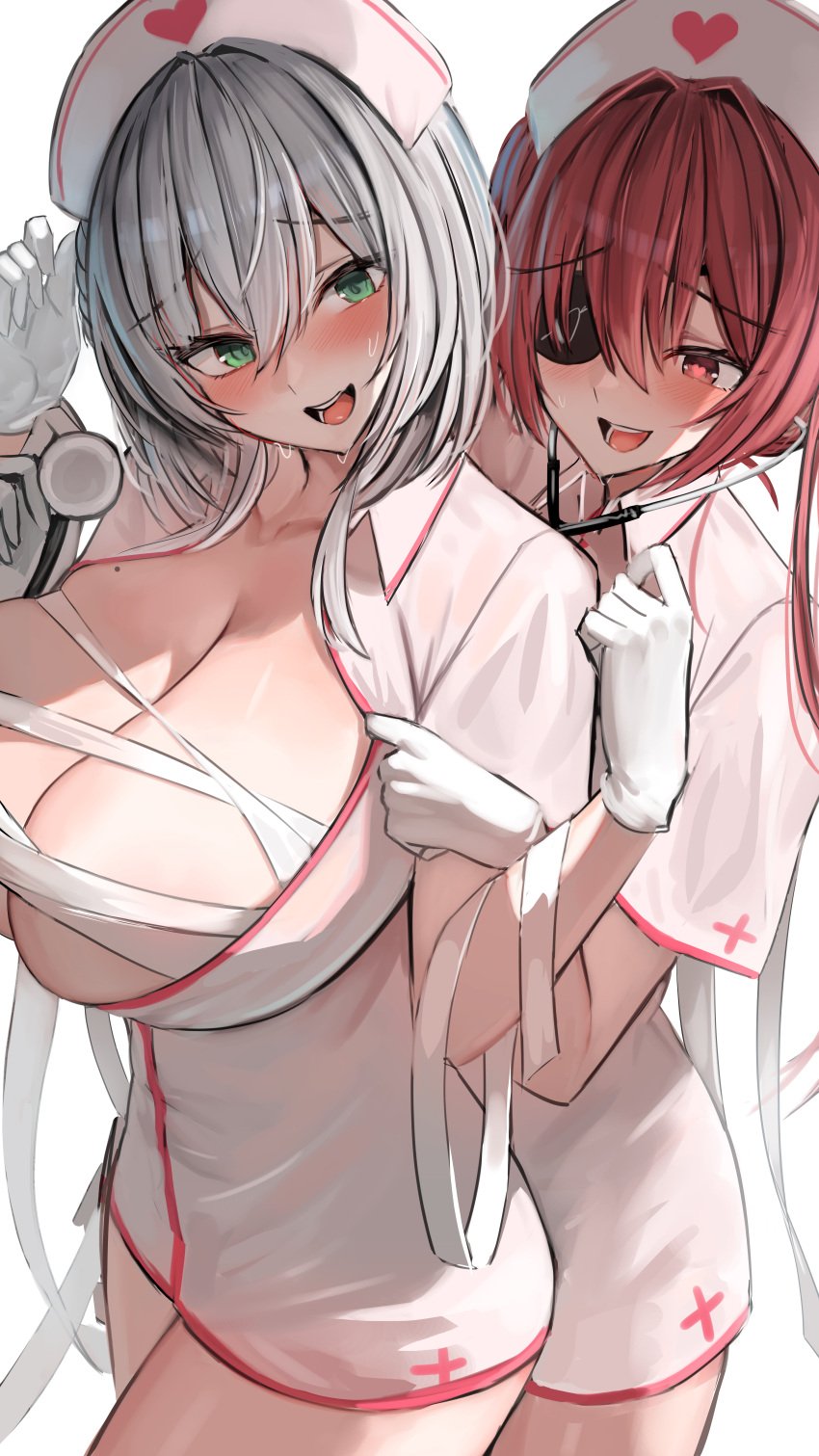 2girls :d absurdres bandages behind_another breasts dress eyepatch gloves green_eyes grey_hair halloween_costume hana_hebi hands_up hat heart heart-shaped_pupils highres holding_stethoscope hololive hololive_fantasy hololive_japan houshou_marine huge_breasts mole mole_on_breast multiple_girls nurse nurse_cap open_clothes open_mouth open_shirt red_eyes red_hair shirogane_noel short_dress smile symbol-shaped_pupils virtual_youtuber white_gloves