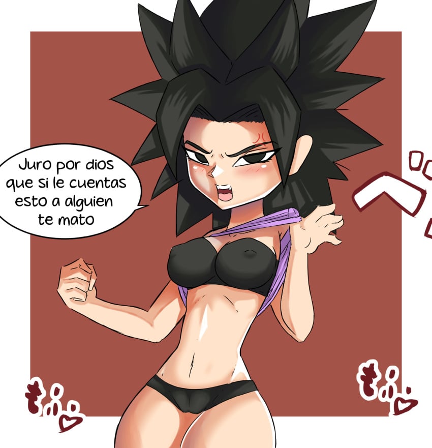 1girls 2d akatosh alien alien_girl blush bra breasts cameltoe caulifla clothing dragon_ball dragon_ball_super midriff saiyan solo_female tagme text thick_thighs