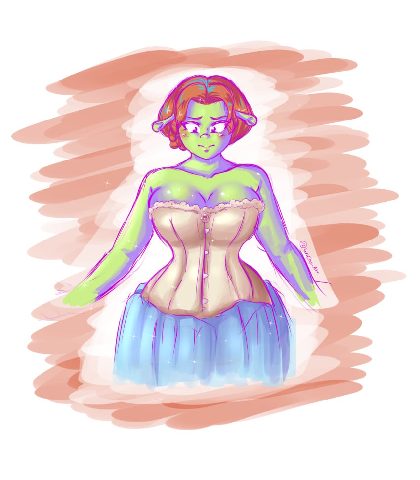 1girls 2d big_breasts cleavage corset corset_only dreamworks female female_only green-skinned_female green_skin ogre ogre_female ogress_fiona princess_fiona princess_fiona_(ogre) shrek_(series) solo uisho