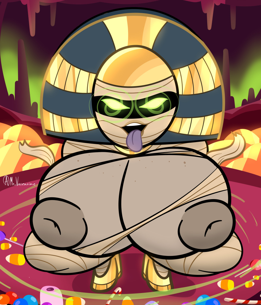 big_breasts breast_focus crouch crouching dreamworks female_mummy gold_(metal) green_eyes hotel_transylvania hypnotic_eyes hypnotizing_viewer looking_at_viewer mr_valentine00 mummy nipples thick_legs thick_thighs