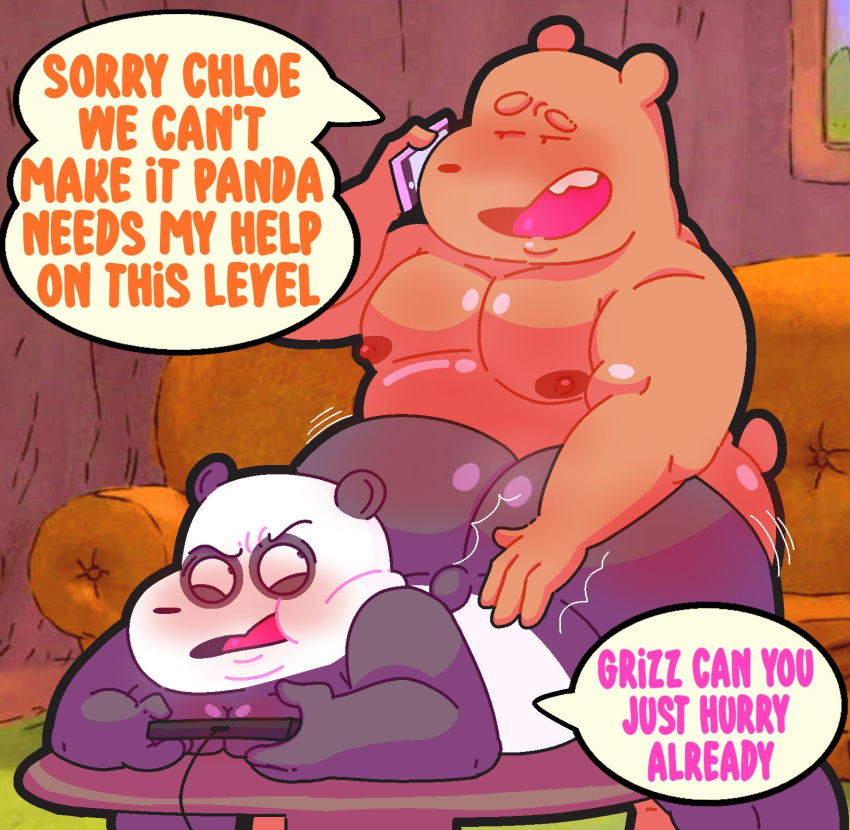 2022 anal anthro anukkyt ass belly big_ass big_butt blush brothers cartoon_network chubby chubby_male controller duo english_text game_controller gaming gay gay_sex giant_panda grizzly_(wbb) hi_res incest inside male mammal moobs nipples overweight overweight_male panda_(wbb) playing_videogame sex speech_bubble text text_bubble ursid we_bare_bears