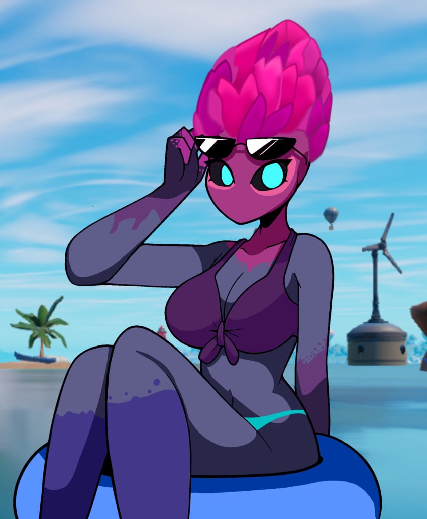 bikini blue_eyes breasts chill_chicha female_only floating_in_water fortnite fortnite:_battle_royale herald_(fortnite) lifting_sunglasses pool_ring the_herald_(fortnite) water