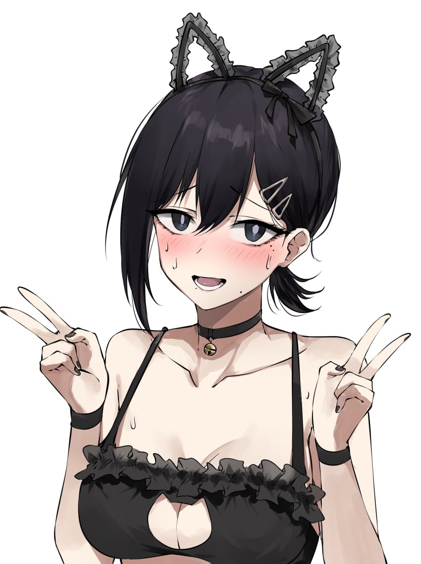 1girls black_choker black_eyes black_hair black_lingerie blush bra breasts cat_cutout cat_ears cat_lingerie chainsaw_man choker cleavage cute double_v fake_animal_ears feintheart721 frilled_bra higashiyama_kobeni jingle_bell jingle_bell_choker large_breasts lingerie looking_at_viewer peace_sign sweat v