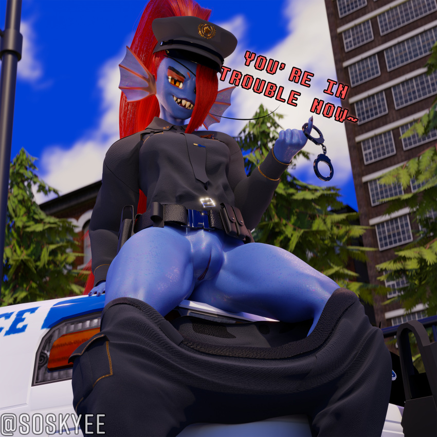 2022 3d_(artwork) anthro car clothed clothing cuffs dialogue digital_media_(artwork) english_text female fish front_view fuckgirl genitals hair handcuffs hi_res humanoid looking_at_viewer marine outside partially_clothed police police_car police_hat police_officer police_uniform policewoman public public_nudity pussy smile solo soskyee teeth text topwear undertale undertale_(series) undyne uniform vehicle video_games