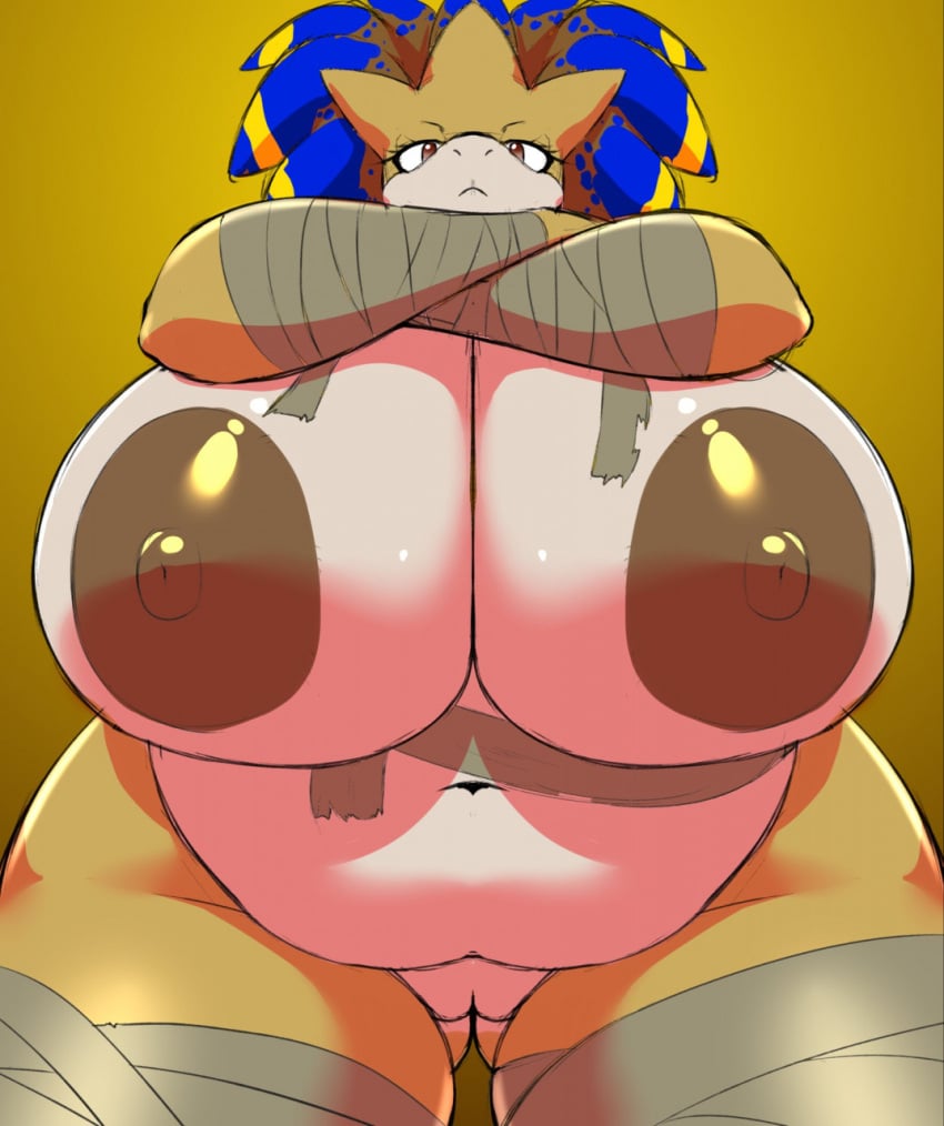 ankha_ride_(minus8) anthro belly big_belly big_breasts big_nipples breasts brown_nipples chubby crossed_arms fat female genitals hi_res huge_breasts looking_at_viewer looking_down_at_viewer mummy_wrappings navel nintendo nipples overweight pokémon_(species) pokemon pokemon_(species) pussy sandpancake sandslash solo speeds thick_thighs video_games