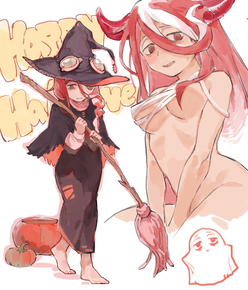 bandages barefoot braid female female_only hair_between_eyes halloween halloween_costume horns long_hair made_in_abyss medium_breasts nervous red_eyes red_hair sansanpai shy solo two_tone_hair underboob vueko witch_costume witch_hat