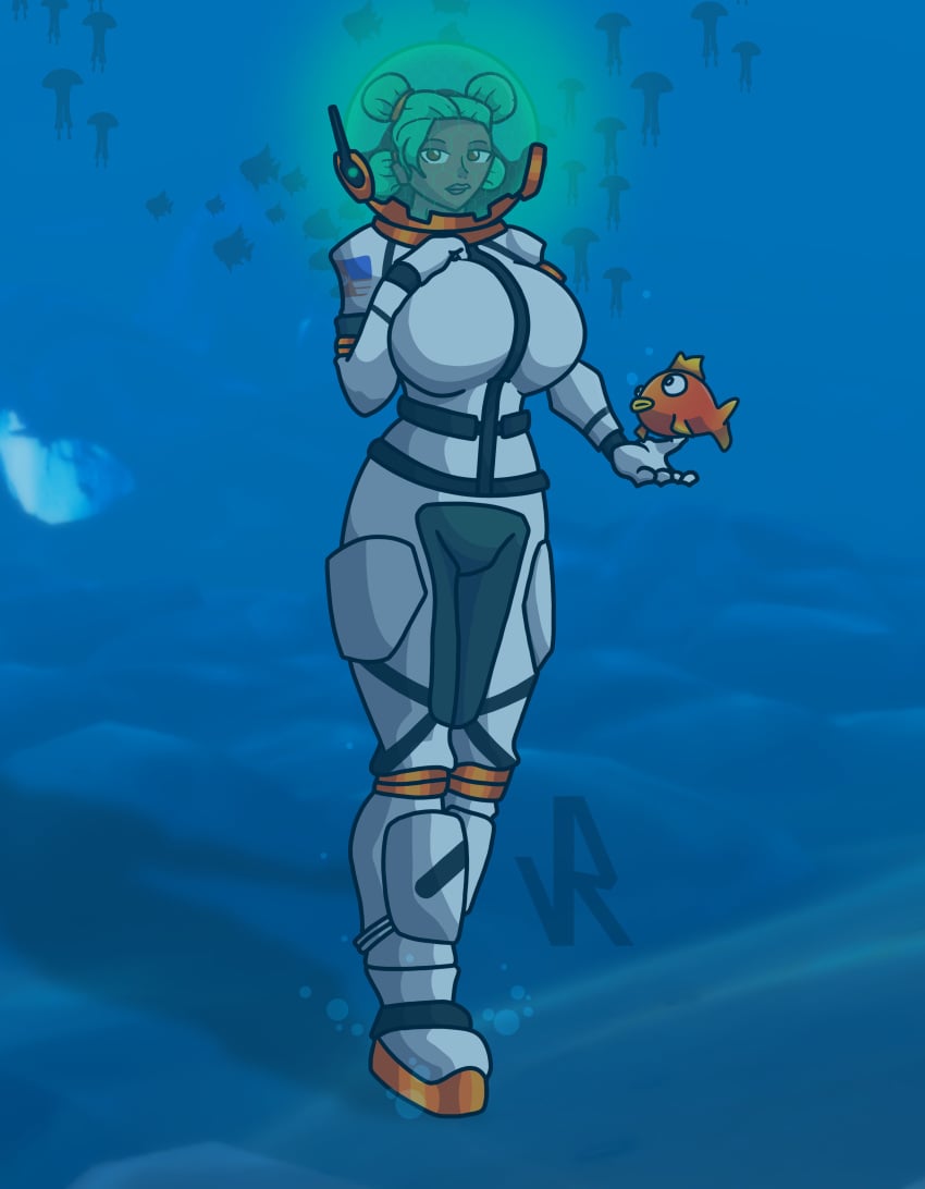 astronaut brown_eyes dark-skinned_female dark_skin fortnite fully_clothed green_hair siona_(fortnite) space_suit underwater varonymous