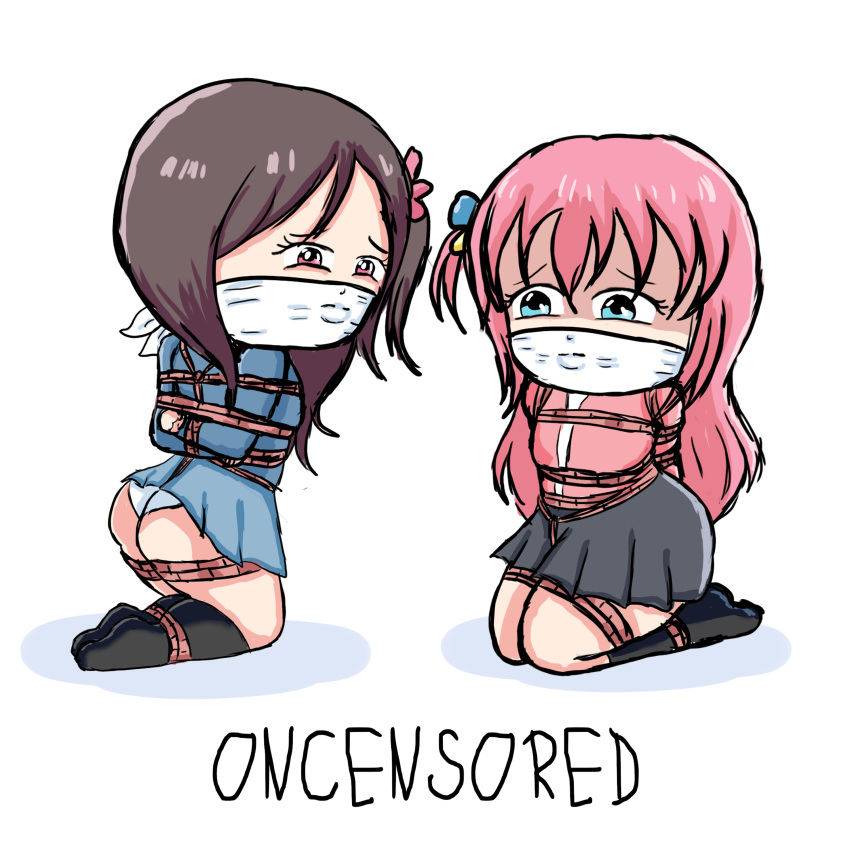 2girls black_socks bocchi_the_rock! duo gag gagged gotou_hitori hitori_bocchi hitoribocchi_no_marumaru_seikatsu knee_socks kneehighs kneesocks multiple_girls oncensored oncensored_(artist) rope_bondage schoolgirl socks tied_up white_background