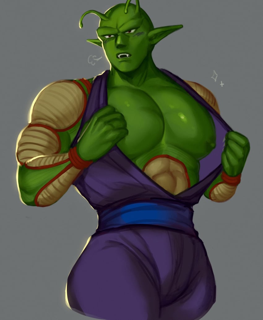 alien antennae balls bara big_pecs blush bulge dragon_ball dragon_ball_z flaccid gay green_skin imlooking male male_only muscles muscular namekian pecs piccolo plain_background solo solo_male spiky_ears tagme