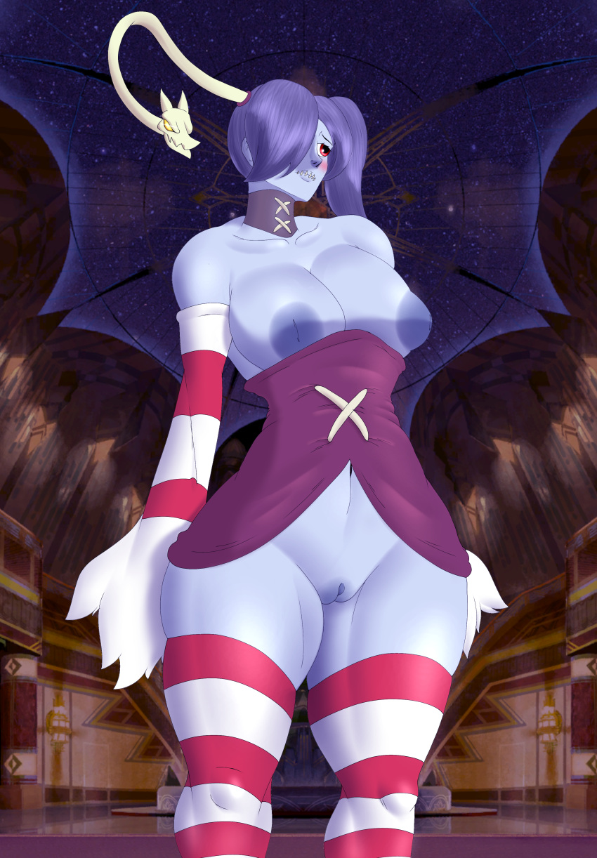 1girls 2d 2d_(artwork) big_breasts breasts choker collar dress female herak leviathan_(skullgirls) nipples purple_hair purple_nipples purple_skin pussy red_eyes simple_background skullgirls sleeves squigly stockings thick_thighs undead wide_hips