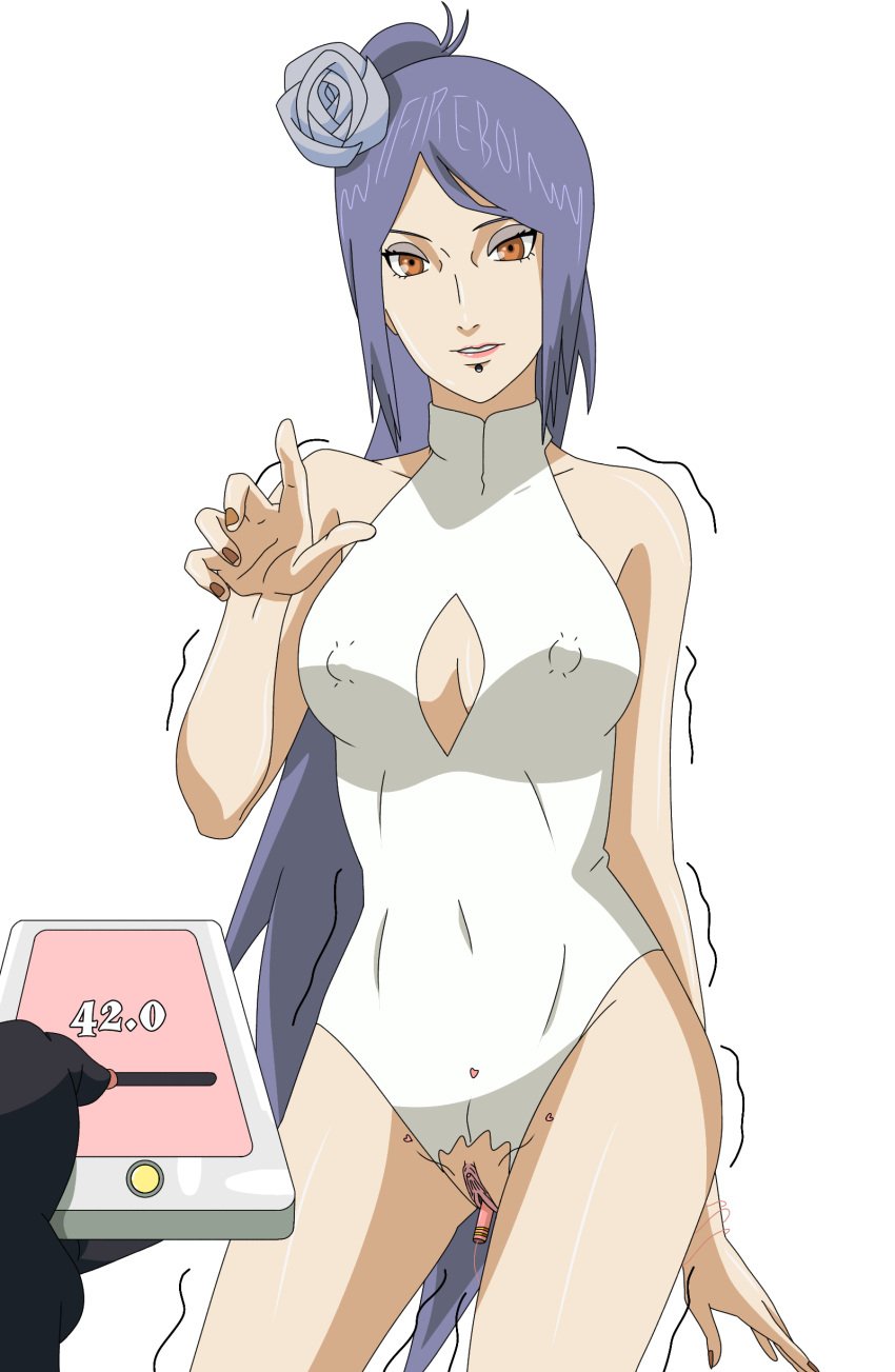 1boy1girl alternate_hair_length alternate_hairstyle blue_eyes breasts center_opening cleavage erect_nipples erect_nipples_under_swimsuit exposed_pussy fireboi flower flower_in_hair hair_ornament holding_object konan labret_piercing long_hair makeup male/female male_pov nail_polish naruto naruto_(series) naruto_shippuden one-piece_swimsuit orange_eyes piercing pov remote_control remote_control_vibrator ripped_clothing swimsuit torn_swimsuit trembling very_long_hair vibrating vibrator vibrator_in_pussy