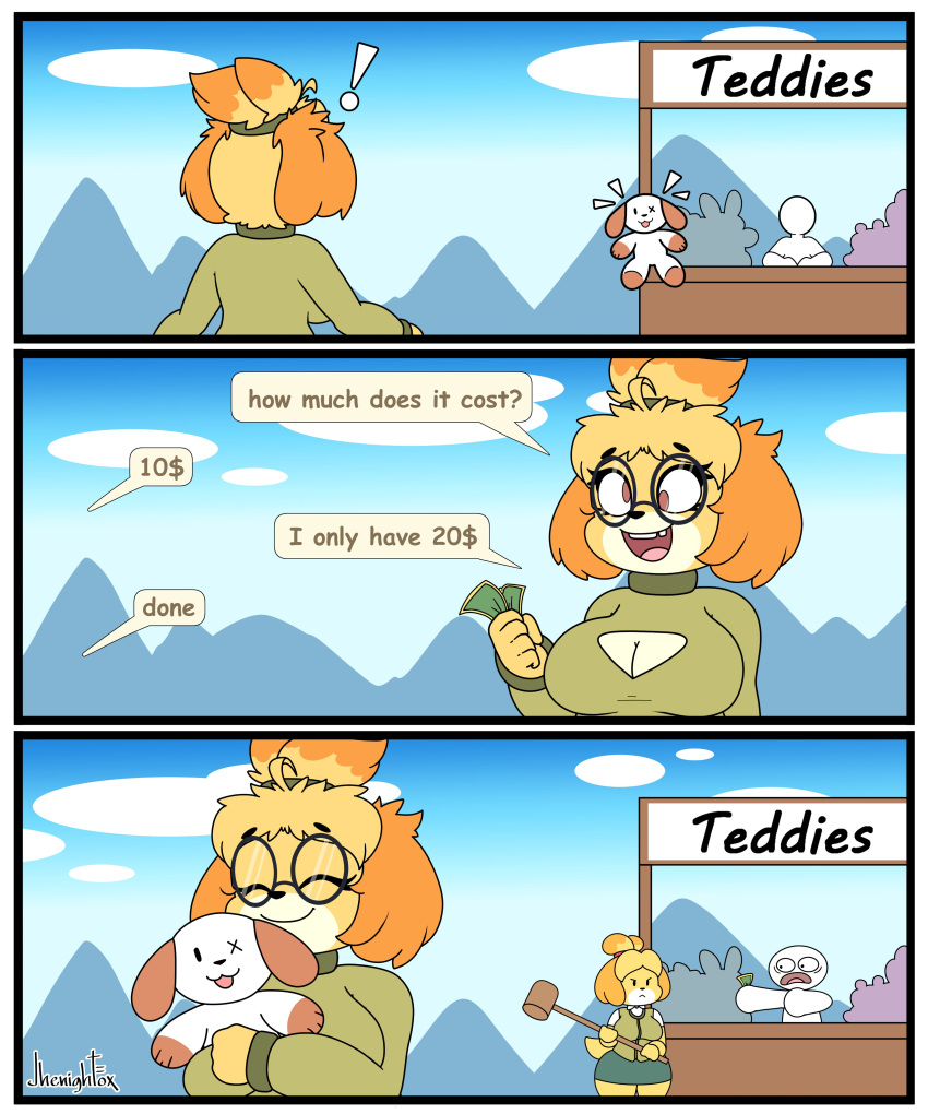 1boy 2022 2girls alternate_breast_size animal_crossing anthro big_breasts breasts canine canine_humanoid comedy cute derpybelle dog doubutsu_no_mori female funny glasses hammer humor isabelle_(animal_crossing) jhenightfox male nintendo plush plushie safe shih_tzu shizue_(doubutsu_no_mori) stuffed_animal tagme wholesome