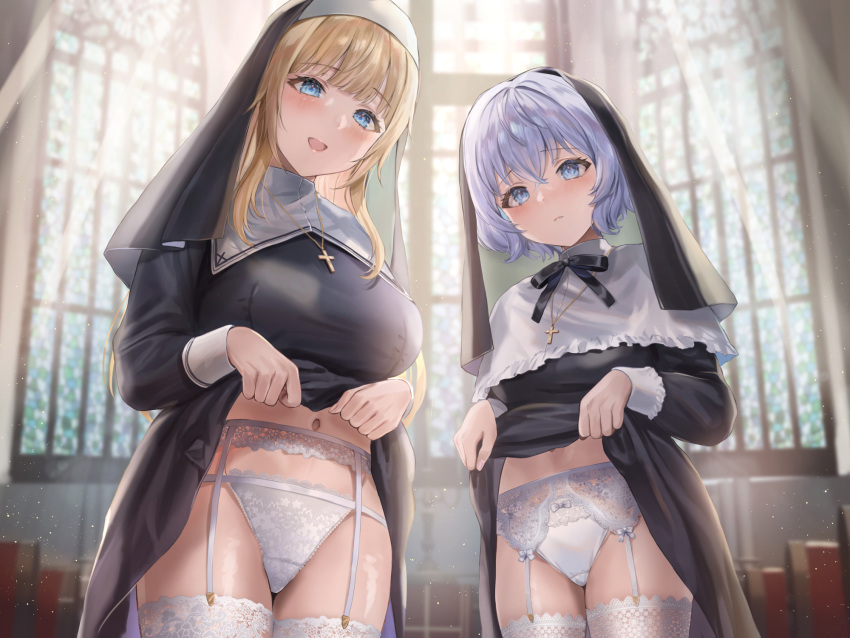 2girls belly belly_button big_breasts blonde_female blonde_hair blue_eyes blush blush_lines blushing_at_viewer breasts church closed_mouth clothes_lift cross cross_necklace dress dress_lift female female_focus female_only garter_belt grey_hair habit hi_res high_resolution highres huge_breasts indoors jewelry large_breasts light-skinned_female light_skin long_hair long_sleeves looking_at_viewer multiple_girls navel necklace nun nun_outfit only_female open_mouth original panties sakamuke shiny shiny_hair shiny_skin short_hair shy small_breasts smile smiling smiling_at_viewer stomach thighhighs thighs underwear white_panties white_thighhighs