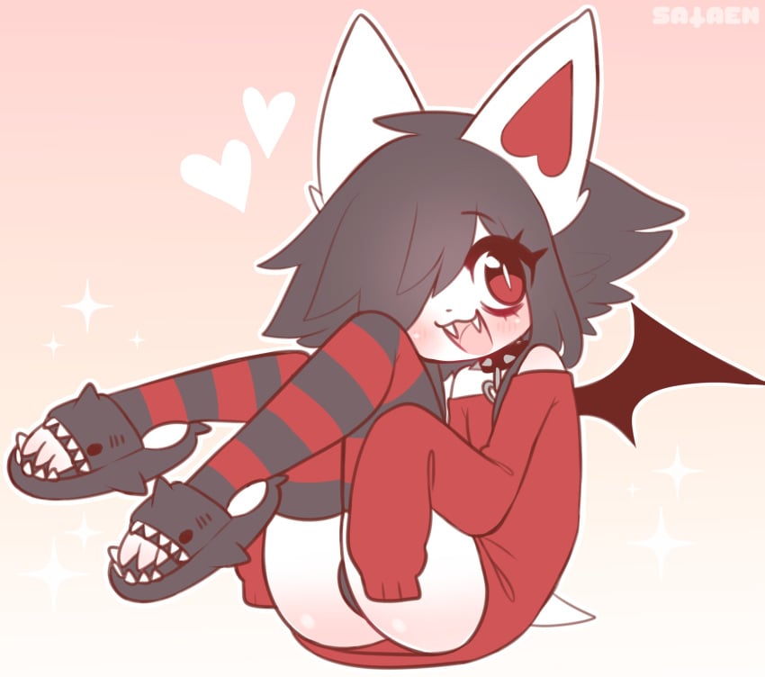 1girls 2022 anthro asphodel ass bat_(anthro) bat_girl bat_tail bat_wings black_hair black_panties blush collar cute_fangs fangs female furry hair_over_one_eye heart legs_up no_pants original panties red_eyes sataenart sitting slippers smile spiked_collar striped_legwear sweater tail thighhighs toeless_legwear wings