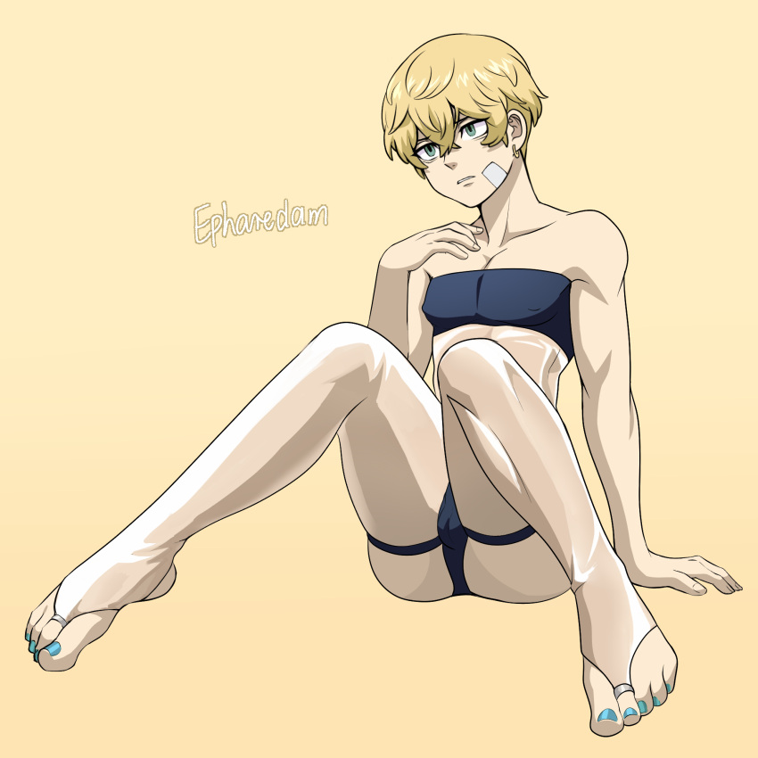 1boy androgynous blonde_hair chifuyu_matsuno crossdressing epharedam feet femboy foot_fetish green_eyes male male_feet male_foot_fetish male_only soles solo stockings toes tokyo_revengers twink