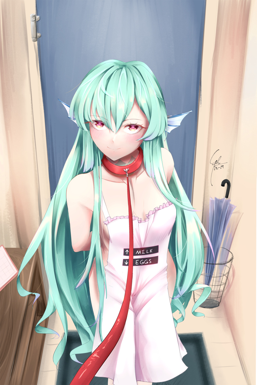 1girls apron collar female_focus female_only finana_ryugu green_hair head_fins heart-shaped_pupils leash looking_at_viewer neck_tattoo nijisanji nijisanji_en pink_eyes syxh virtual_youtuber