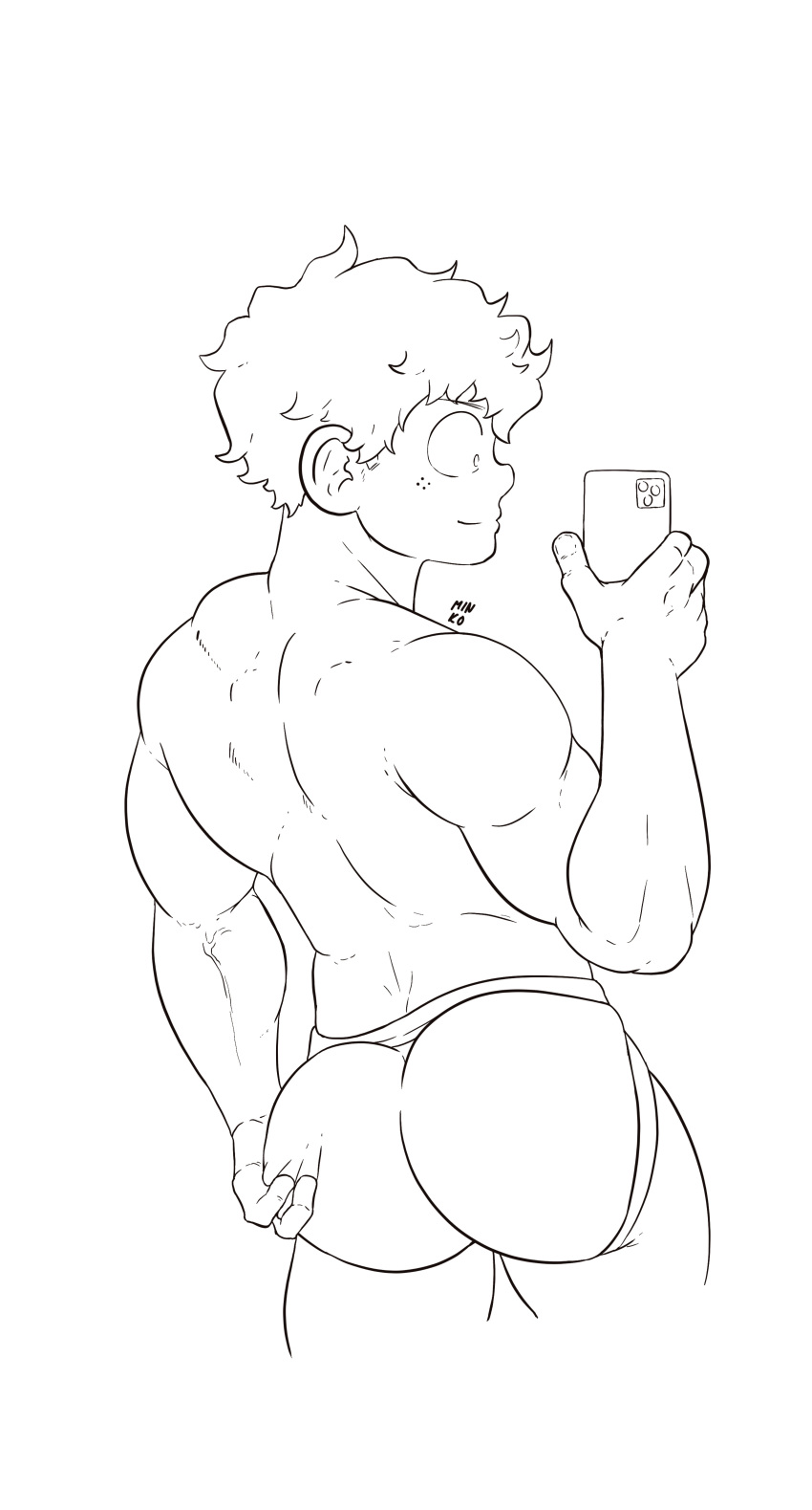 ass big_ass holding_ass holding_object holding_phone izuku_midoriya jockstrap male male_only minkoni2 monochrome muscular my_hero_academia selfie solo solo_male