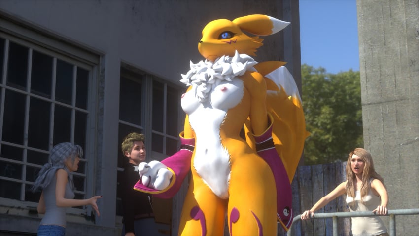 3_fingers absurd_res anthro bandai_namco breasts casual digimon digimon_(species) female fingers genitals group hi_res human littlefisky male mammal nude public public_nudity pussy renamon small_breasts standing street trio