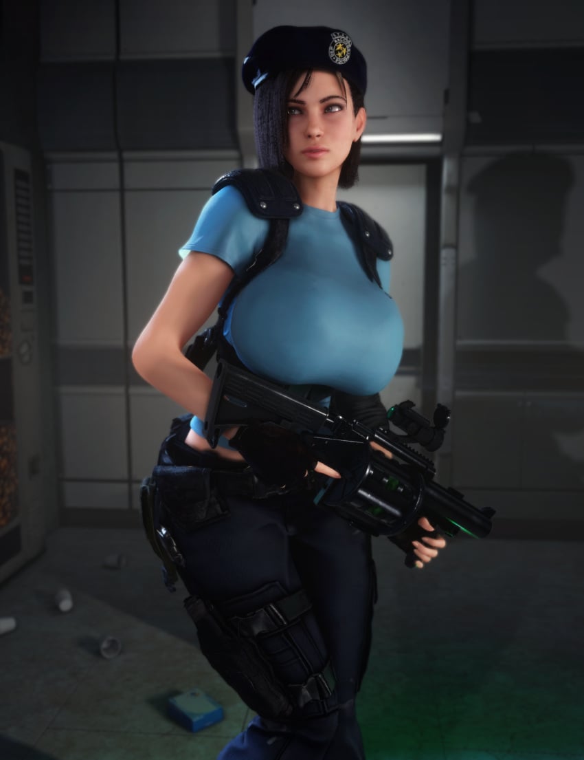 1girls 2023 3d 3d_(artwork) alternate_breast_size beret breasts_bigger_than_head capcom clothed clothed_female female female_only female_solo fully_clothed grenade_launcher gun hat holding_gun holding_object holding_weapon huge_breasts human human_female human_only jill_valentine jill_valentine_(julia_voth) resident_evil resident_evil_3 skin_tight skindentation solo solo_female upper_body vaako weapon