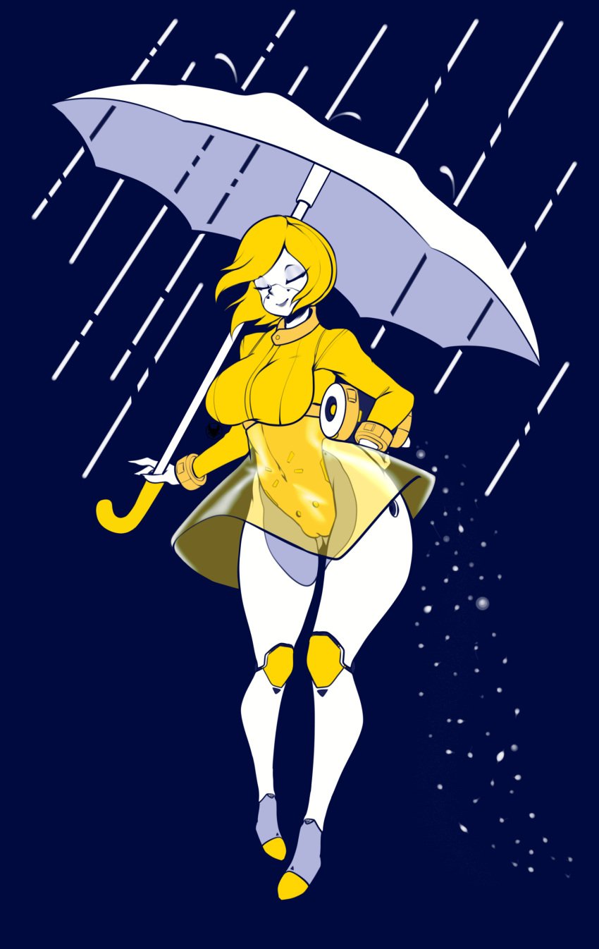 big_breasts blonde_hair curvy cute eyes_closed mascot morton_salt morton_salt_girl robot robot_girl robot_humanoid salt translucent_clothing umbrella wide_hips yellow_hair zzvinniezz