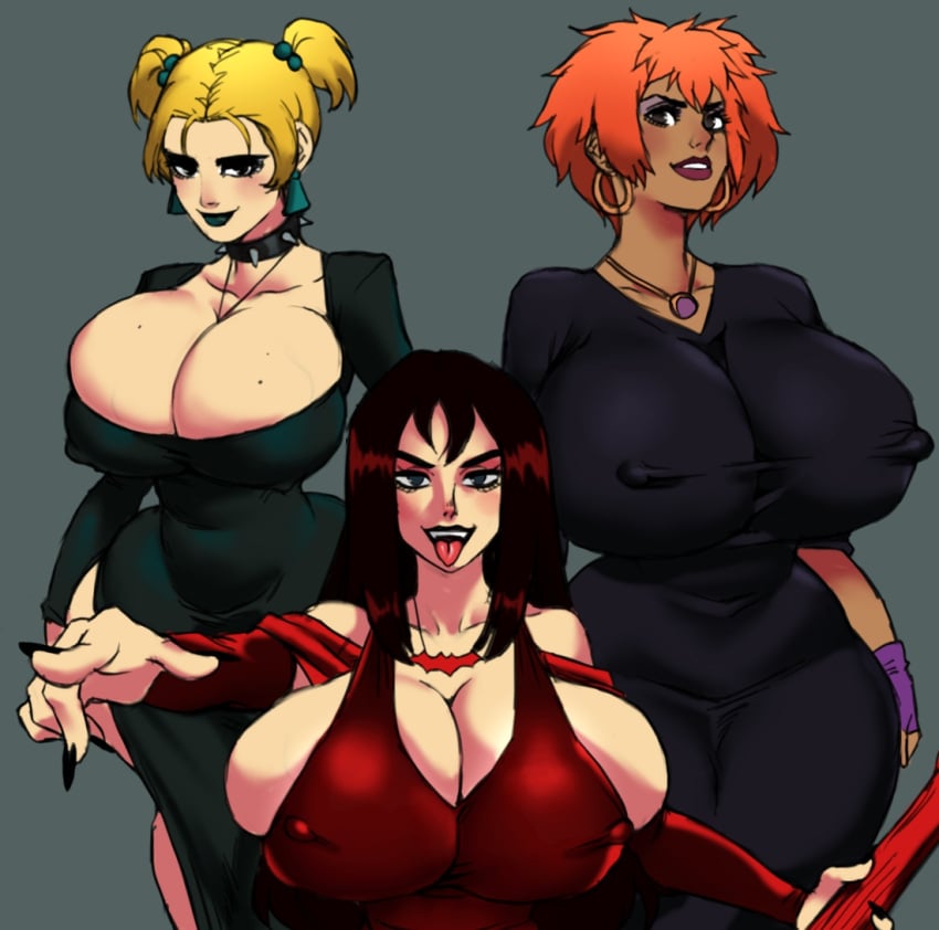 3girls bedroom_eyes big_breasts black_nails blonde_hair breasts breasts_bigger_than_head cleavage cleavage_dress cleavage_overflow clothed clothed_female clothing collar curvaceous curvy curvy_body curvy_female curvy_figure dark-skinned_female dress dusk_(hex_girls) earrings erect_nipples eye_contact eyeshadow fangs female female_only front_view fully_clothed goth goth_girl green_lipstick hanna-barbera hard_nipples hex_girls jay-marvel large_breasts light-skinned_female lipstick long_hair long_nails long_sleeves looking_at_viewer luna_(hex_girls) multiple_girls necklace nipple_bulge nipples_visible_through_clothing painted_nails pointy_nails purple_lipstick red_hair scooby-doo skin_tight smile smiling smiling_at_viewer spiked_collar standing thick_thighs thighs thorn_(hex_girls) tight_clothes tight_clothing tight_dress tight_fit tongue tongue_out trio twintails warner_brothers wide_hips