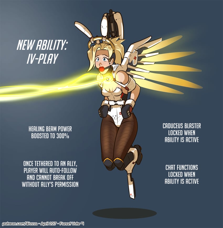 ball_gag blonde_hair bondage bunny_ears bunnysuit concept_art gag gagged handcuffed handcuffs handcuffs_on_ankles healing helpless humiliation mercy overwatch overwatch_2 text wossarem