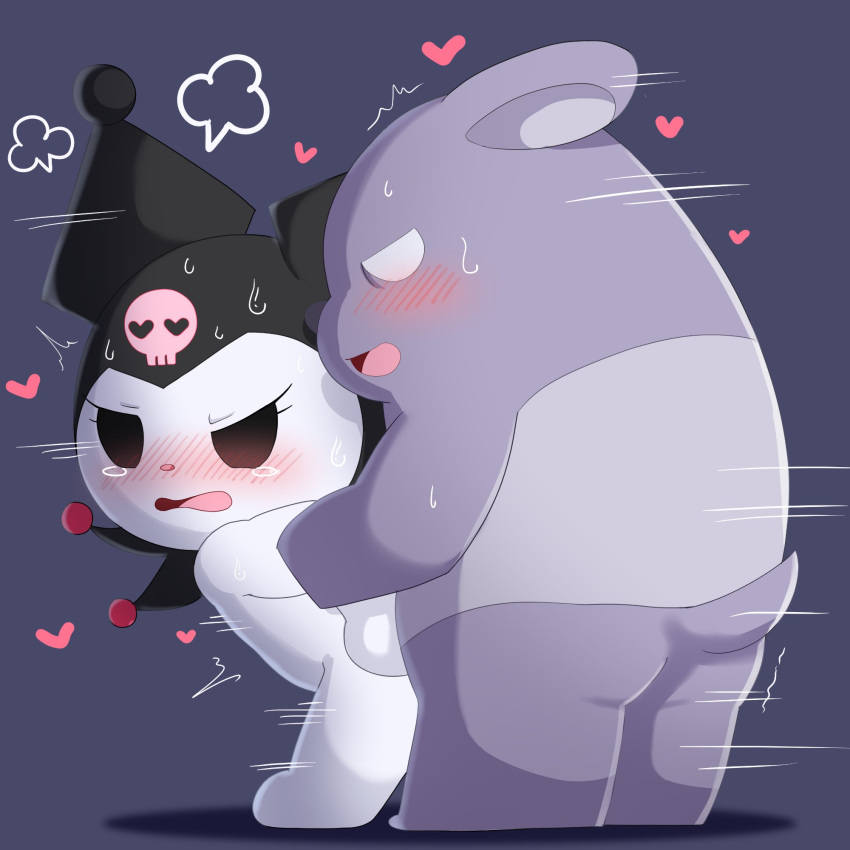 0227 angry anthro arm_pull baku_(sanrio) blush bodily_fluids duo from_behind_position heart hi_res kuromi lagomorph leporid mammal onegai_my_melody prison_guard_position purple_body rabbit sanrio sex simple_background sweat tapir tears thrusting white_body