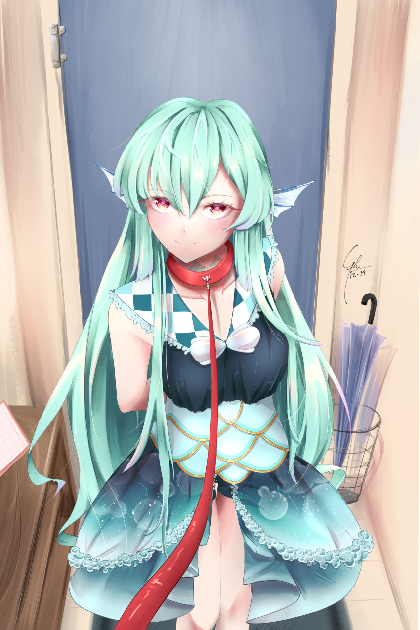 1girls collar dress female_focus female_only finana_ryugu green_hair head_fins heart-shaped_pupils leash looking_at_viewer neck_tattoo nijisanji nijisanji_en pink_eyes syxh virtual_youtuber