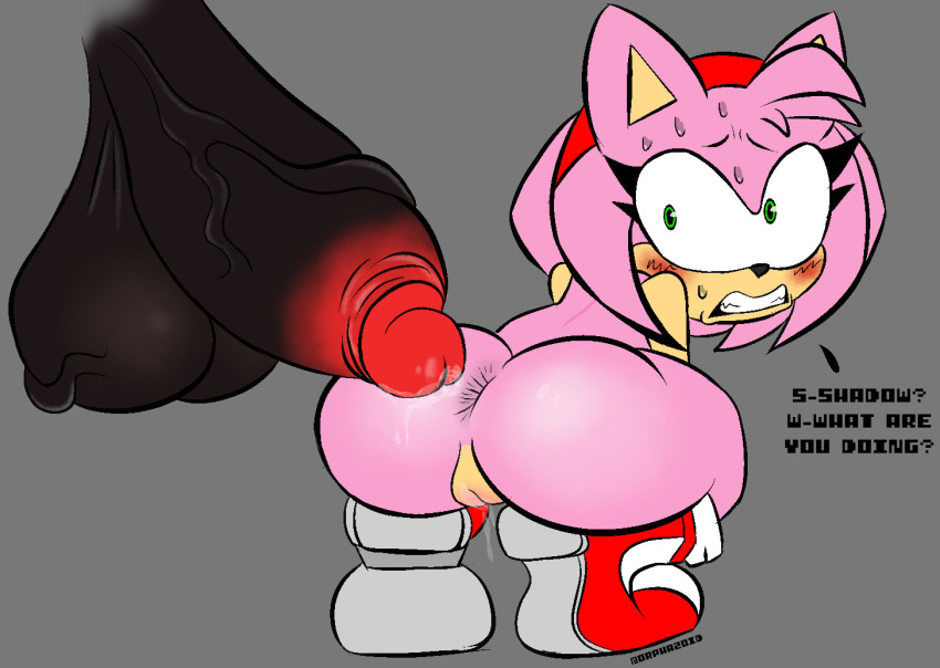 amy_rose anthro ass balls big_balls big_penis black_penis blush bodily_fluids boots boots_only clothing digital_media_(artwork) duo erection eulipotyphlan female footwear footwear_only fur genital_fluids genitals green_eyes hair hedgehog huge_cock hyper hyper_genitalia hyper_penis imminent_sex male male/female mammal mostly_nude nude orphazoid penis pink_body pussy questionable_consent sega shadow_the_hedgehog simple_background sonic_(series) sonic_the_hedgehog_(series) text worried