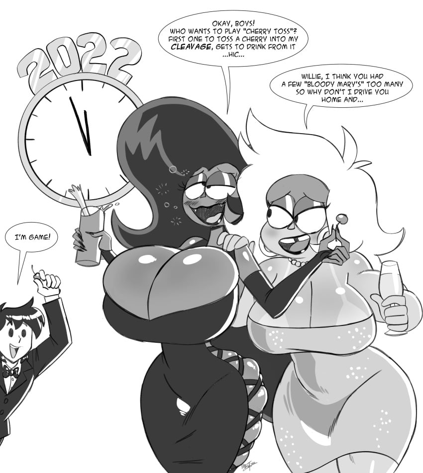 1boy 2girls aeolus06 black_and_white carol_kincaid cartoon_network cleavage dress drunk female huge_breasts milf monochrome new_year ok_k.o.!_let's_be_heroes party thighs vampire wilhamena