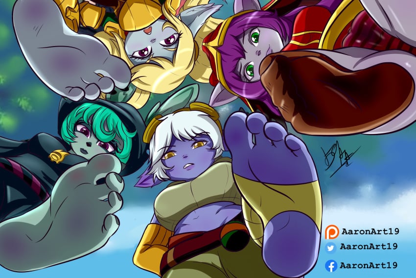 4_fingers 4_toes 4girls aaronart_(artist) barefoot clothed clothed_female clothing eyes_half_open eyes_open feet female female_only foot_fetish foot_focus fur furry girls league_of_legends lulu_the_fae_sorceress poppy pov soles soles_of_feet_in_socks stirrup_legwear toeless_legwear tristana vex_(league_of_legends) yordle