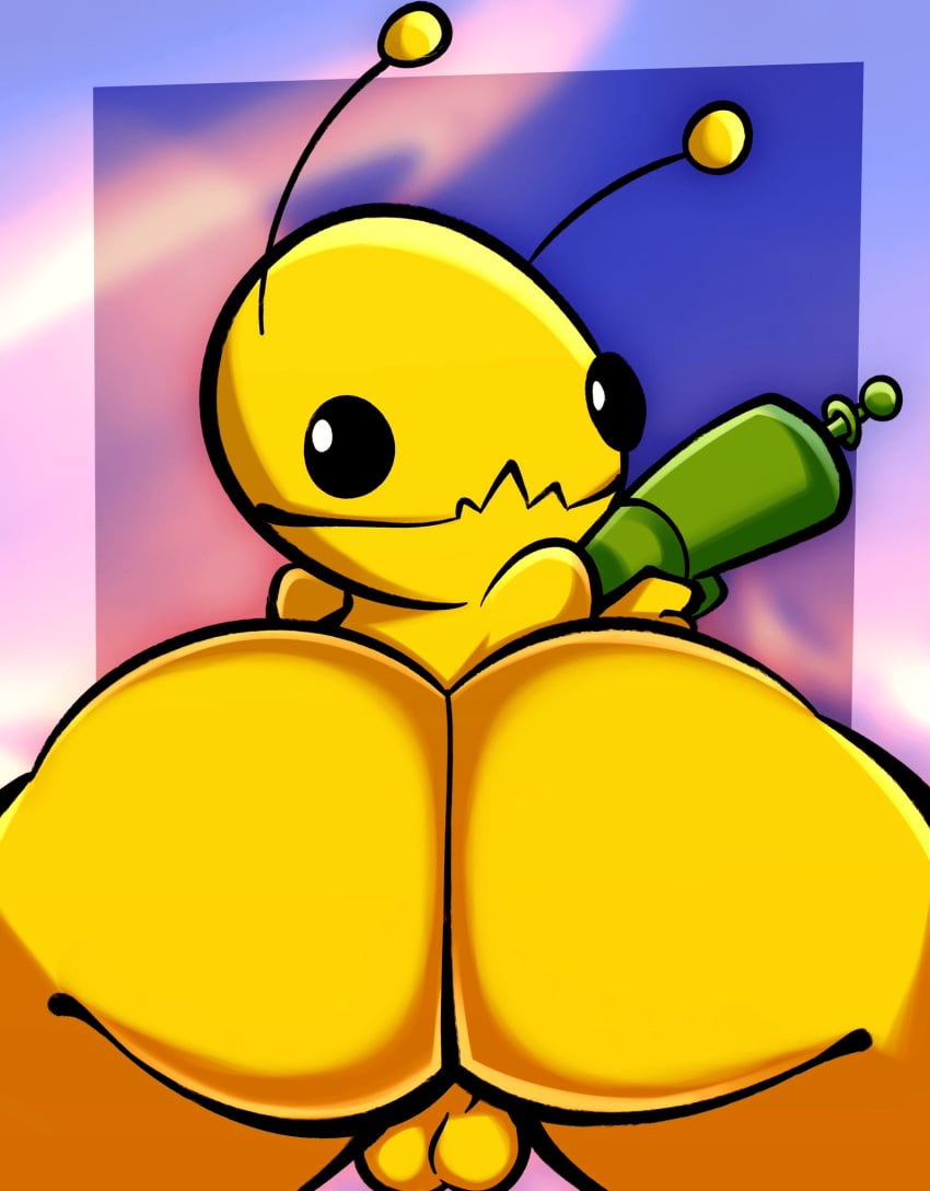 alien alien_hominid_(character) antennae_(anatomy) anthro ass balls black_eyes genitals gun hi_res looking_back male male_only newgrounds presenting presenting_hindquarters ranged_weapon salamikii video_games weapon yellow_body