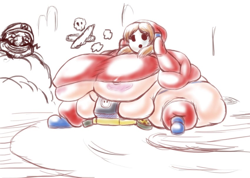 1boy 1girls areola_slip ass belly breast brown_hair fat female female_focus hips hood hypnagogum large_ass large_breasts male mario_(series) mario_kart mask nintendo nipple_bulge overweight overweight_female shy_gal shy_guy_mask stomach thick_thighs thighs underboob wario wide_hips