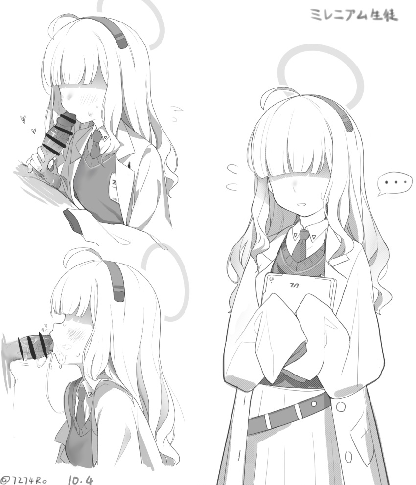 ... 1boy bangs belt blue_archive blush censored fellatio female flying_sweatdrops greyscale hair_over_eyes halo highres labcoat long_hair millennium_science_school_student millennium_science_school_student_(blue_archive) millennium_science_school_student_(npc)_(blue_archive) monochrome necktie oral penis rong_hui saliva simple_background sleeves_past_wrists spoken_ellipsis straight sweatdrop tongue tongue_out vest white_background