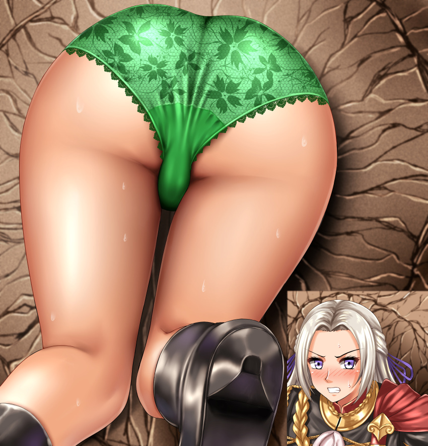 1girls 2022 ass ass_focus big_ass blush boots bound edelgard_von_hresvelg female female_only femsub fire_emblem fire_emblem:_three_houses garreg_mach_monastery_uniform green_panties heel_boots heels nintendo panties purple_eyes restrained solo stuck stuck_in_wall sweat thick_thighs thighs through_wall white_hair zanntetu