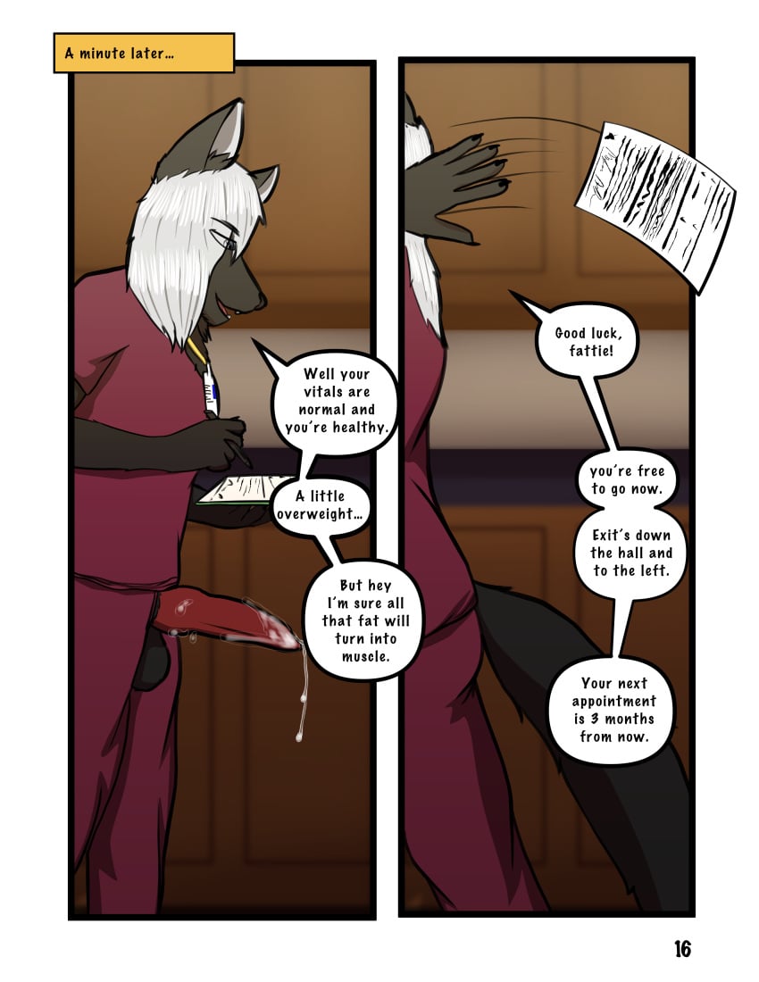 absurd_res bodily_fluids canid canine canis comic cum dialogue genital_fluids hi_res insult lukabun mammal page_16 wolf