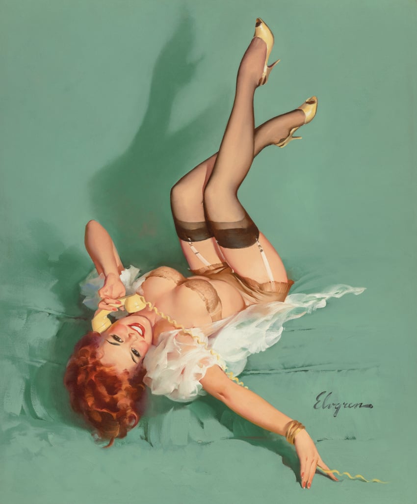 1960s 1961 1girls 20th_century 60s bra breasts brown_hair cleavage female female_only garter_straps gil_elvgren high_heels legs_up lingerie lipstick looking_at_viewer lying_down on_phone original painting_(artwork) phone pinup pinup_girl smile solo source_request stockings straight_hair telephone thighhighs traditional_media_(artwork) vintage