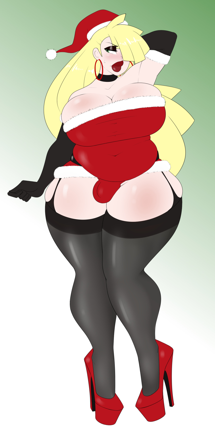 1futa big_breasts bimbo bimbo_body bimbo_futanari bimbo_lips bimbofication blonde_hair blush bulge chubby futanari futanarization gladion_(pokemon) high_heels hoop_earrings hoop_earrings_oversized lipstick male_to_futa pokemon pokemon_sm rule_63 santa_costume santa_hat sealguy wide_hips