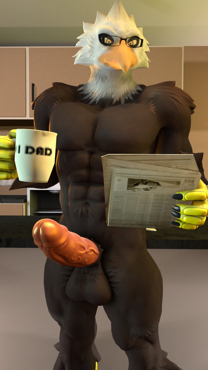 abs accipitrid accipitriform anthro avian bald_eagle balls beak big_penis bird bird_(petruz) eagle erection eyewear feathers genitals glasses hi_res holding_object inside kyleroo male male_only mug muscular muscular_male nails navel newspaper nude penis petruz_(copyright) reading reading_newspaper sea_eagle solo talons thick_thighs vein veiny_penis yellow_eyes